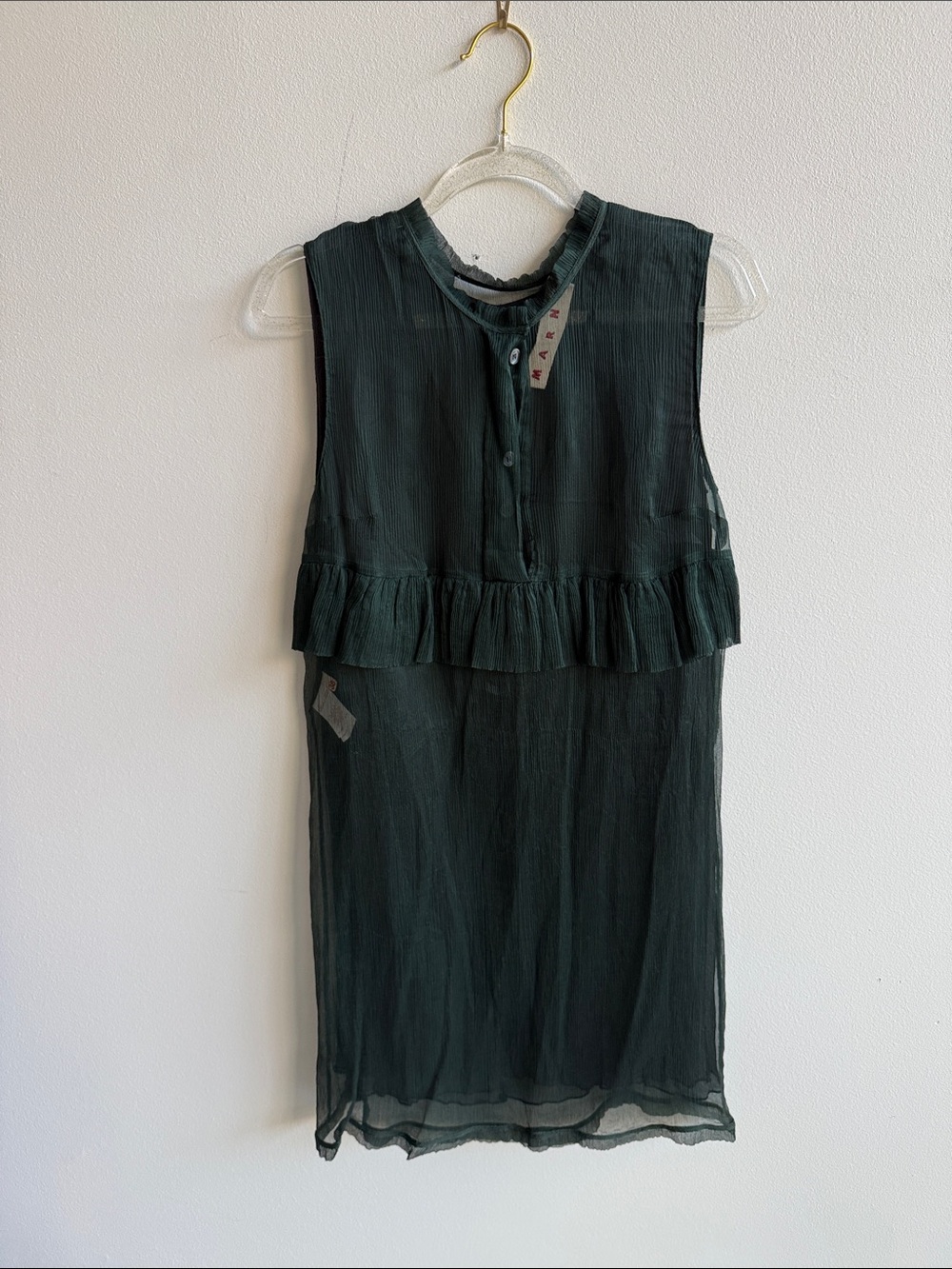 Marni Dark Teal Pleated Blouse with Ruffle Neck